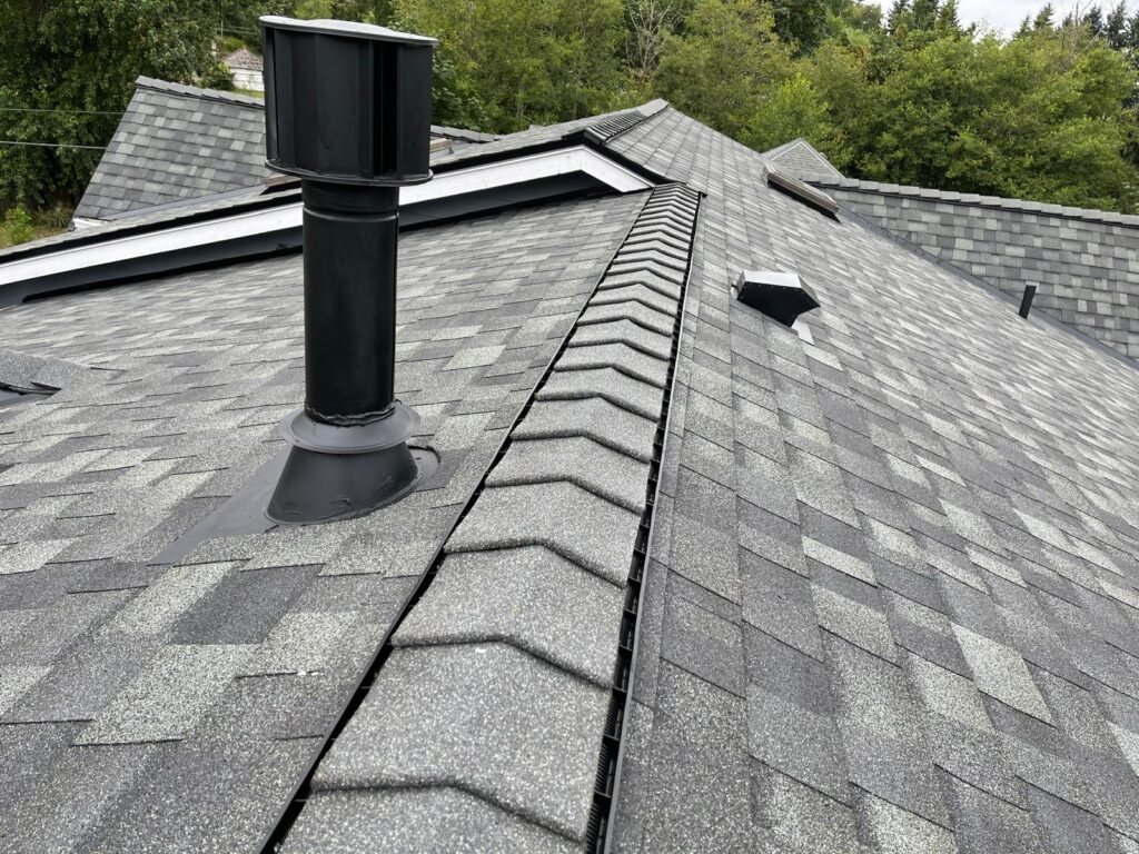 Ridge vent and pipe boot detail along the ridge of a shingle roof in the Greater Eastside, WA
